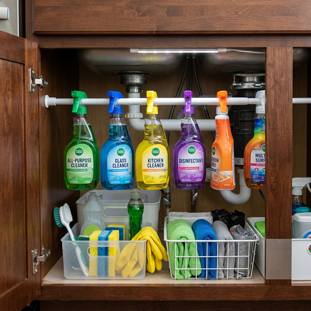 Under-sink cabinet storage hack using a white tension rod to hang spray cleaning bottles above organization baskets.