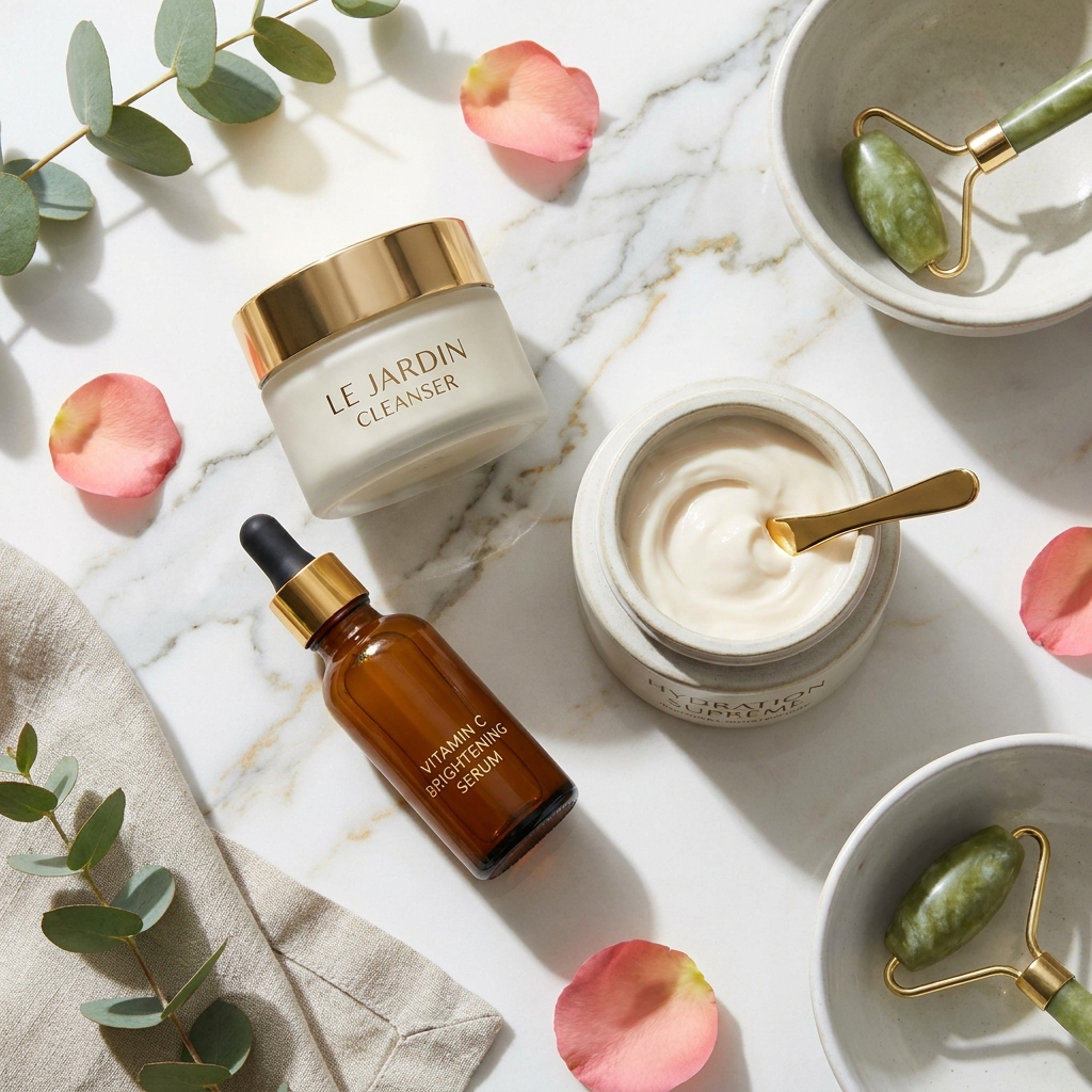 Flat lay of luxury skincare products including cleanser, Vitamin C serum, and jade rollers on a marble counter with rose petals.