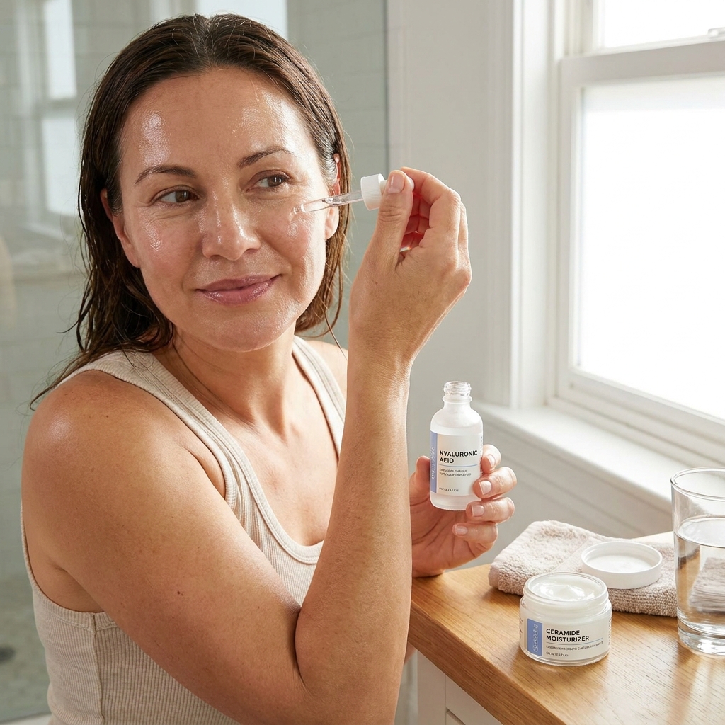 Woman applying hyaluronic acid face serum with a glass dropper in a brightly lit bathroom.