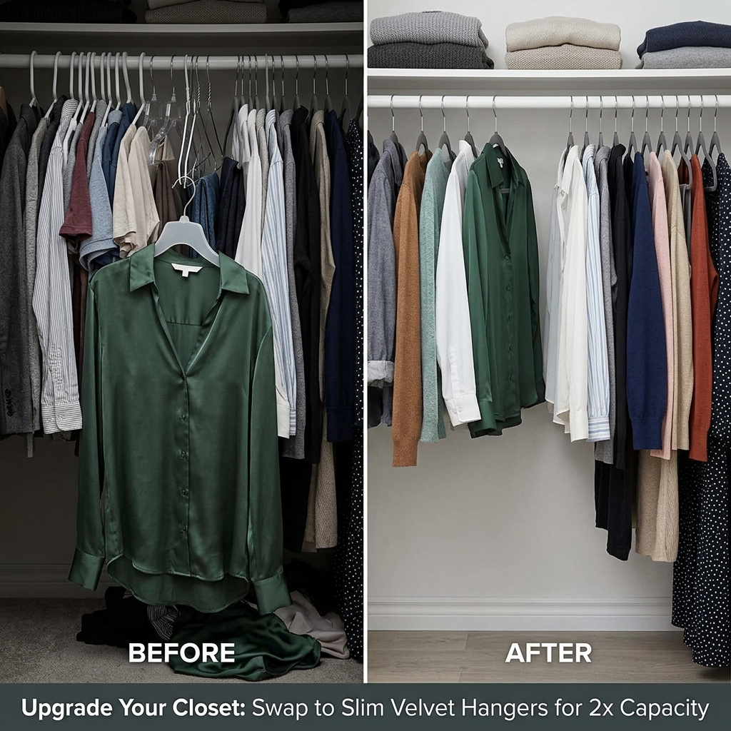 Before and after closet organization showing how slim velvet hangers double hanging capacity