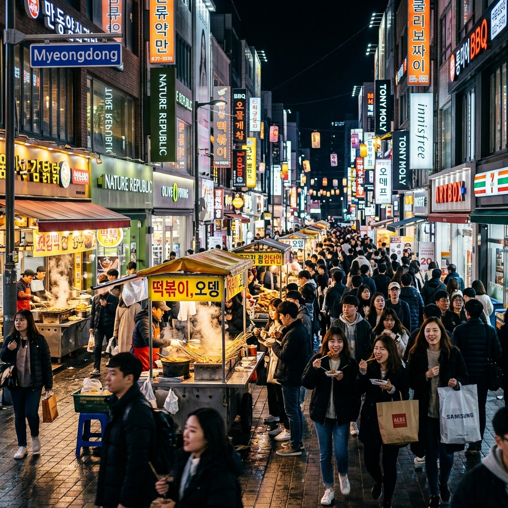 A bustling neon-lit street in Myeongdong, Seoul, South Korea filled with shoppers and street food vendors at night