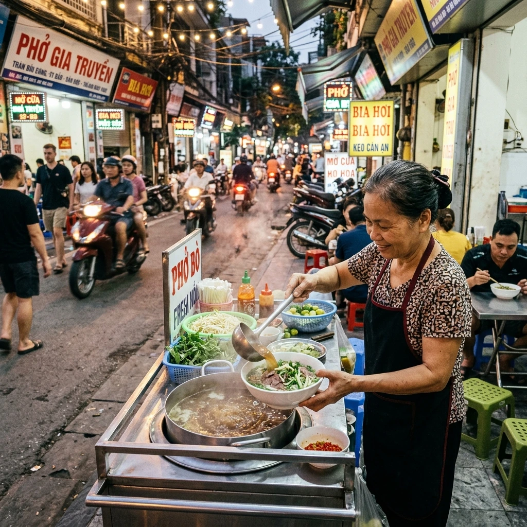 A local street food vendor in Hanoi, Vietnam serving a steaming bowl of fresh Pho on a bustling city sidewalk