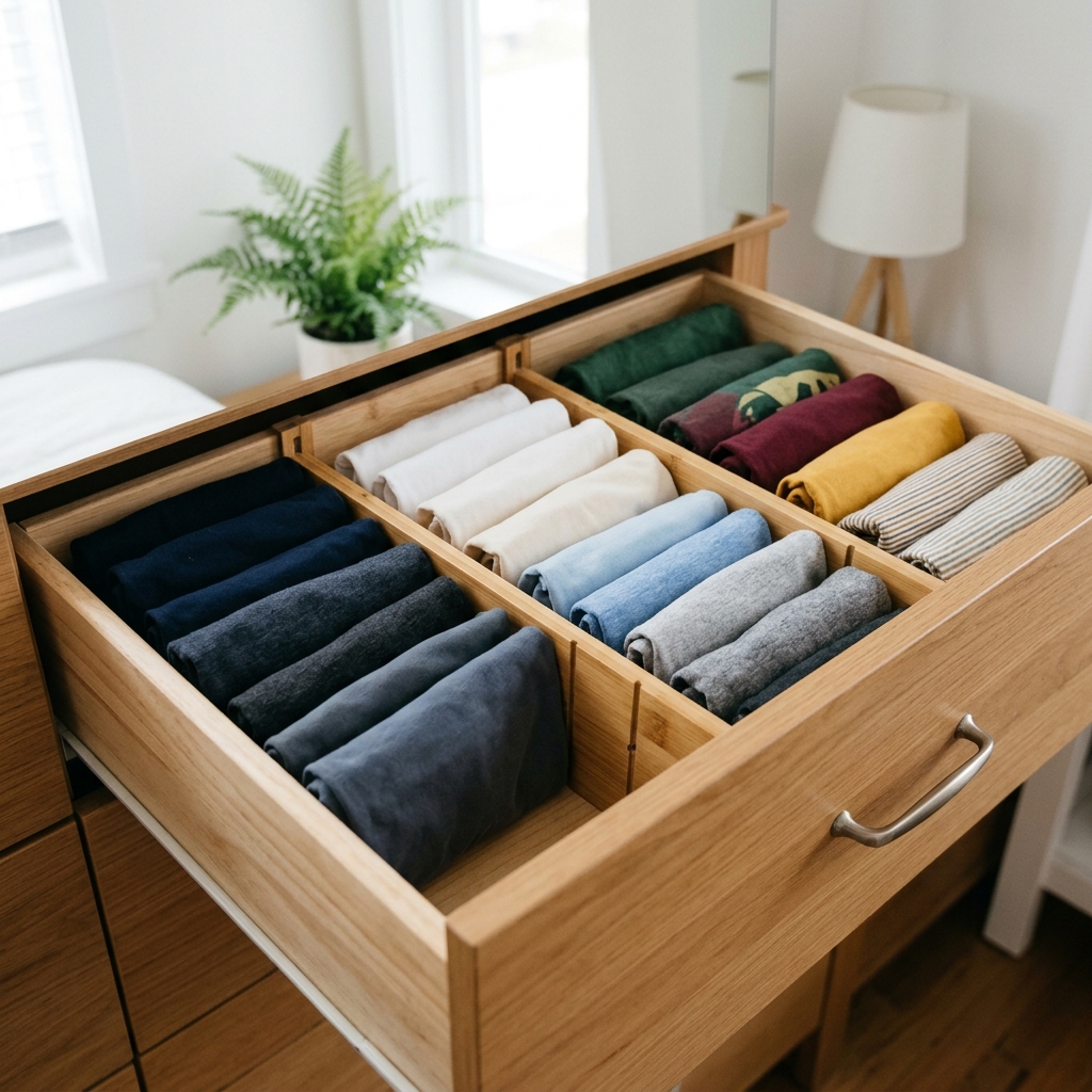 Dresser drawer neatly organized with color-coordinated, file-folded t-shirts separated by adjustable bamboo dividers.