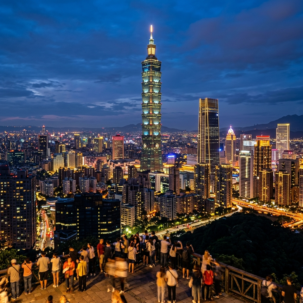 A glowing view of the iconic Taipei 101 skyscraper standing tall above the bustling, vibrant city skyline of Taipei, Taiwan
