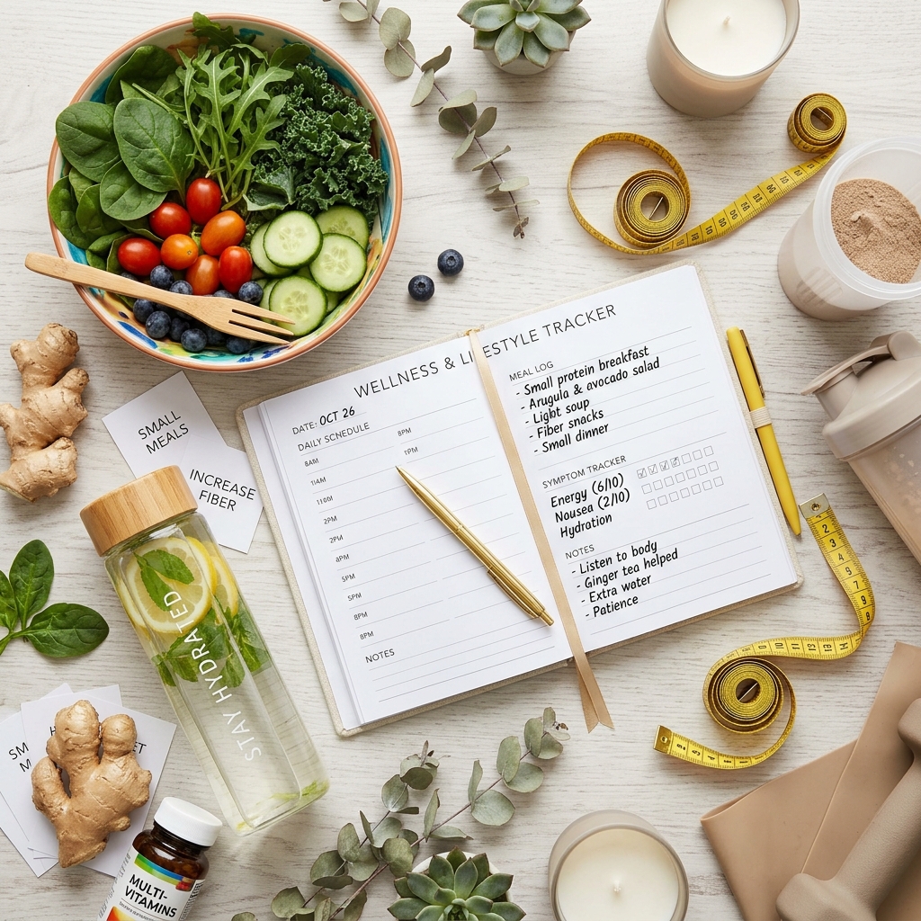 A side-by-side aesthetic flat lay of a tape measure, healthy greens, and a daily planner, visualizing the lifestyle adjustments needed for unexpected GLP-1 side effects.