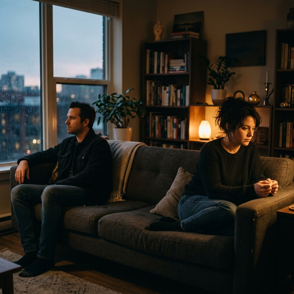 A man and woman sitting far apart on a couch, looking in opposite directions.