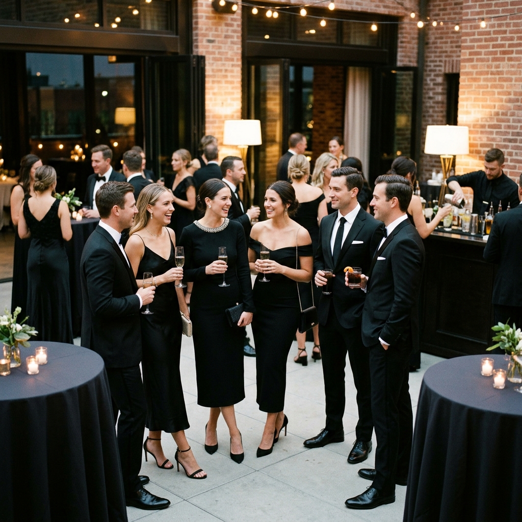 Guests in formal black cocktail dresses and tuxedos mingle during an outdoor rooftop cocktail hour at twilight.