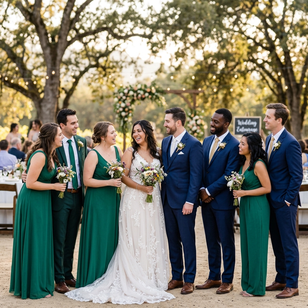 A wedding party posing outdoors, with members wearing coordinating emerald green dresses, a green suit, and dark blue suits.