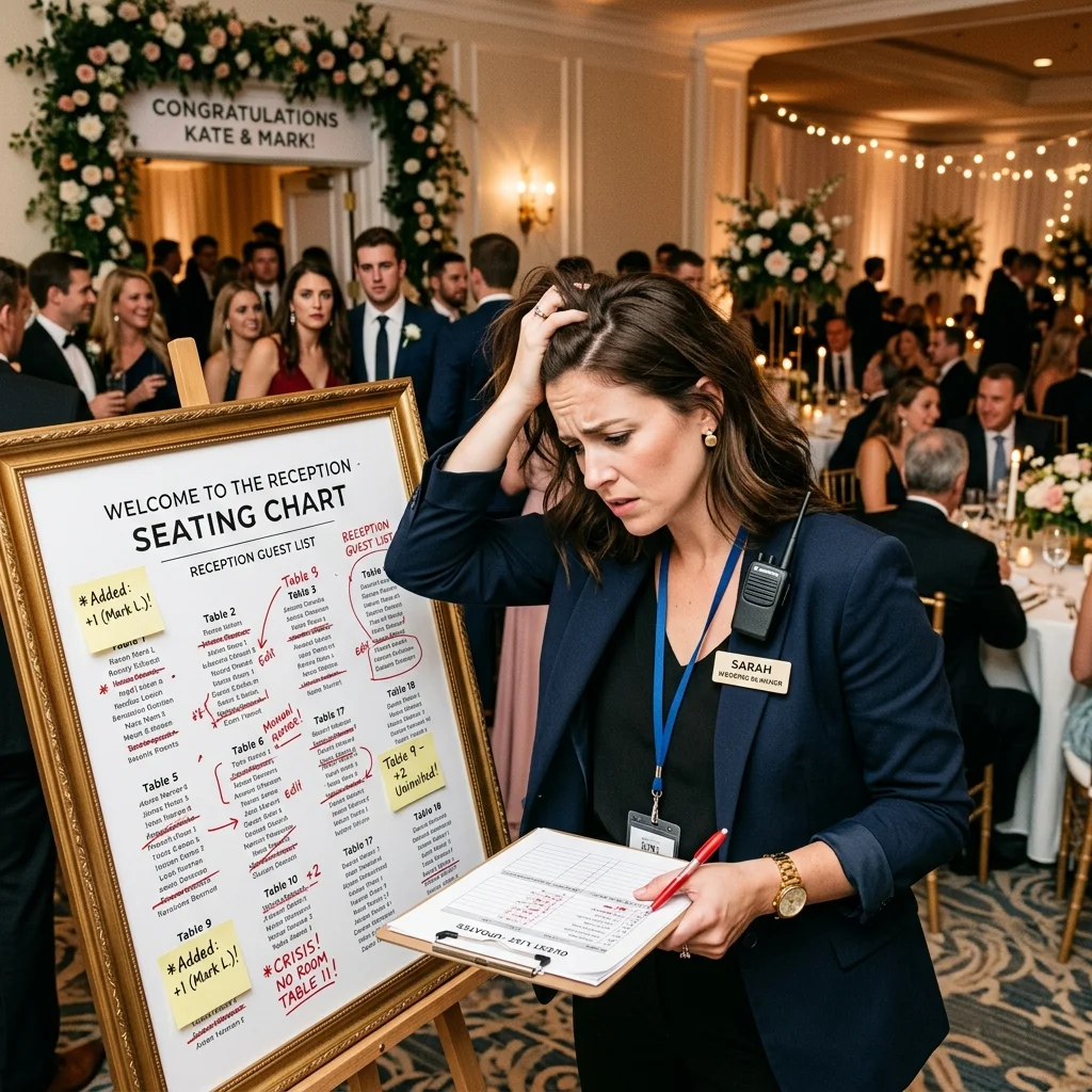 Stressed wedding planner reviewing a complicated reception seating chart covered in sticky notes and last-minute seating changes.