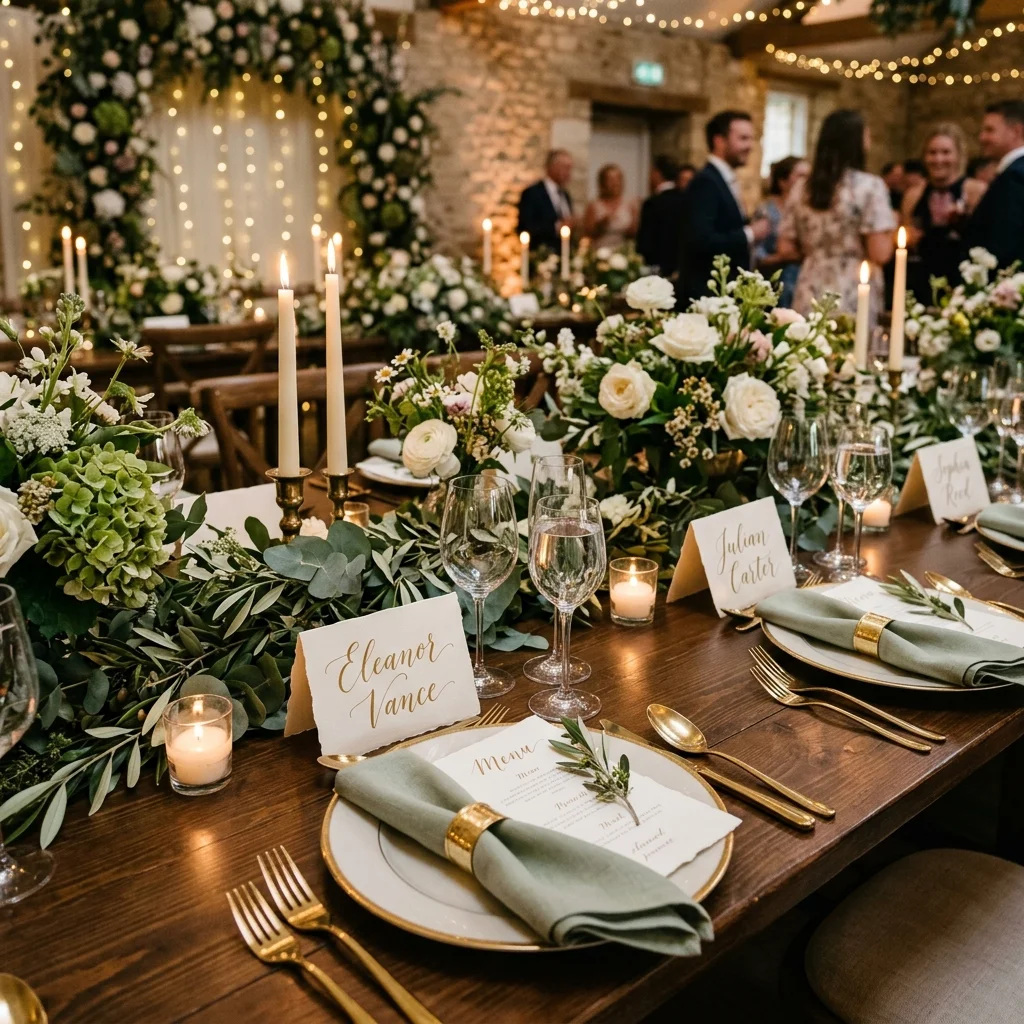 Elegant wedding reception table setting featuring a greenery runner, white floral centerpieces, lit taper candles, and calligraphy name cards.