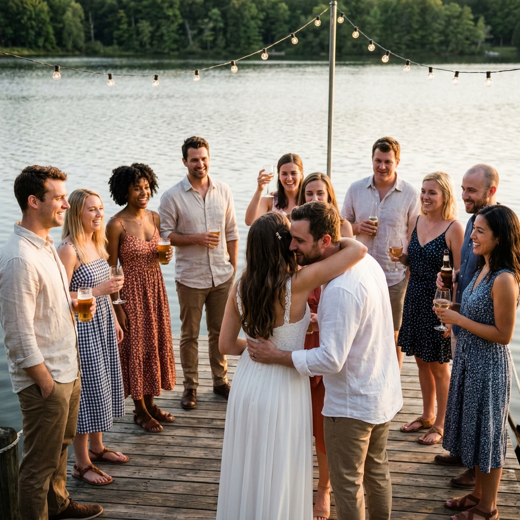 A wedding couple and friends celebrate on a lakeside dock at sunset, holding drinks and laughing under hanging string lights.