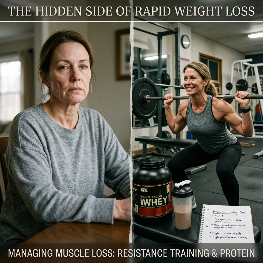 Split-screen infographic titled "The Hidden Side of Rapid Weight Loss" contrasting a fatigued woman with a smiling woman doing barbell squats, emphasizing resistance training and whey protein.