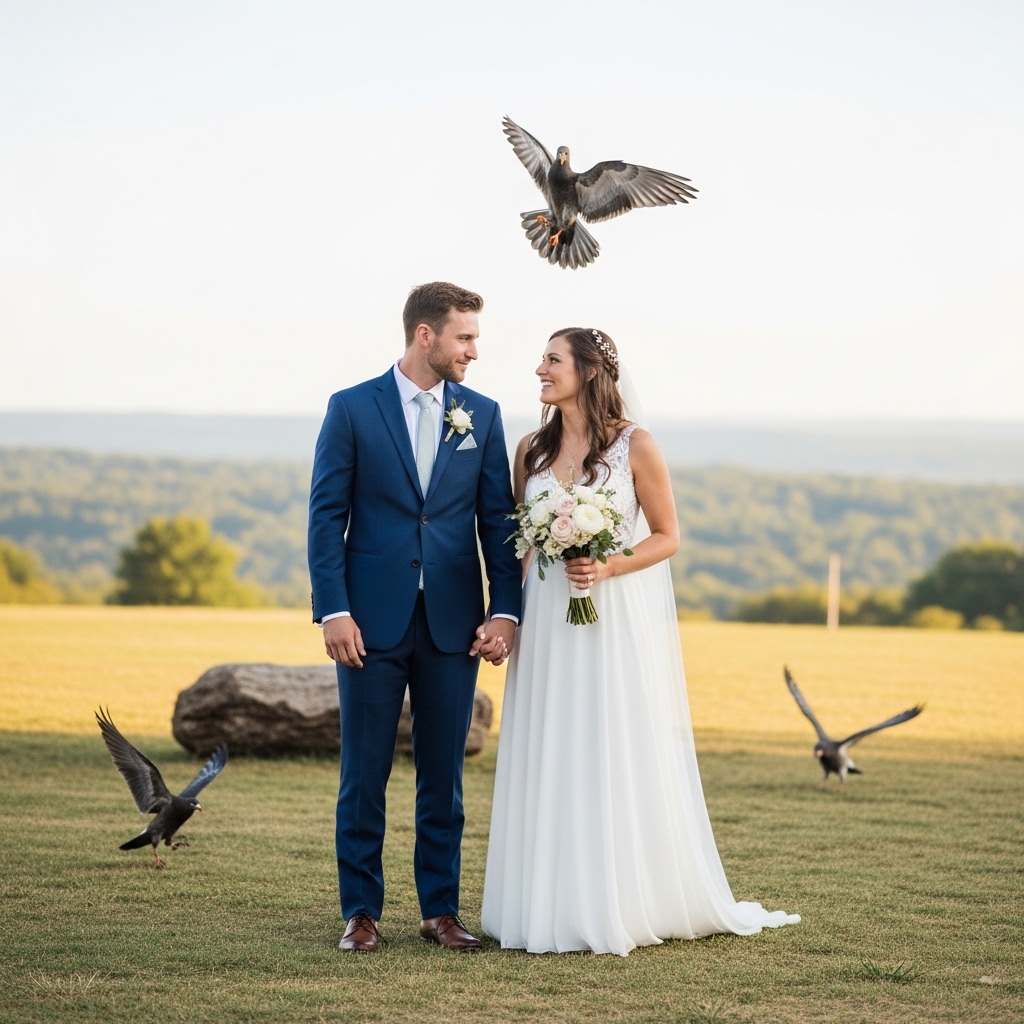 A bride and groom holding hands and smiling at each other in a grassy field while several dark birds fly chaotically around them, including one swooping directly over the bride's head.