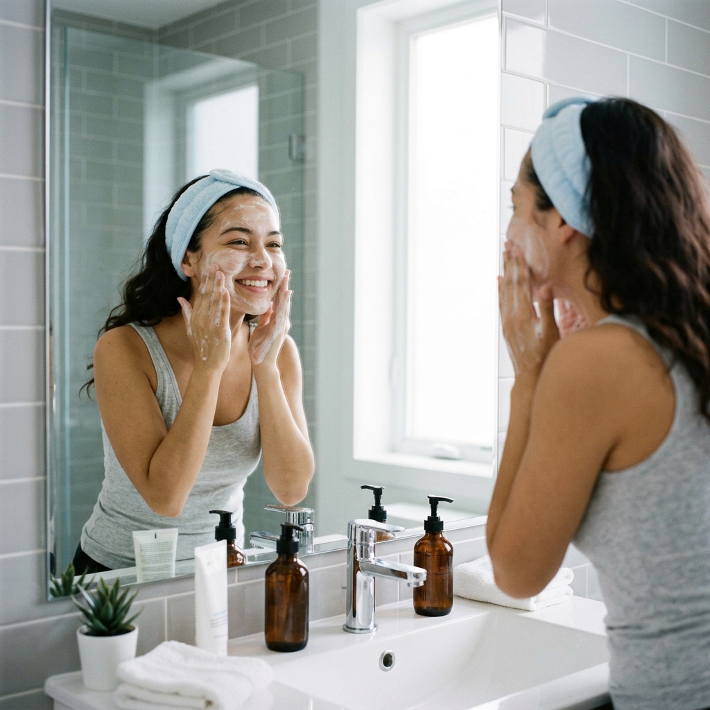Woman double cleansing face foam… 202605211053