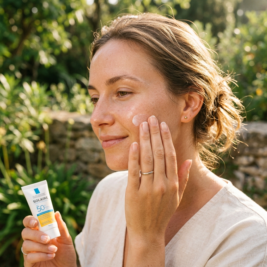Woman outdoors smiling while applying La Roche-Posay Solaire SPF 50 sunscreen to her cheek.