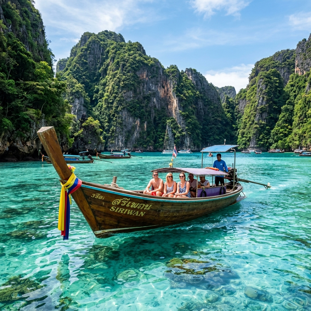 A traditional wooden longtail boat floating on crystal clear turquoise waters in front of towering limestone cliffs in Krabi, Thailand