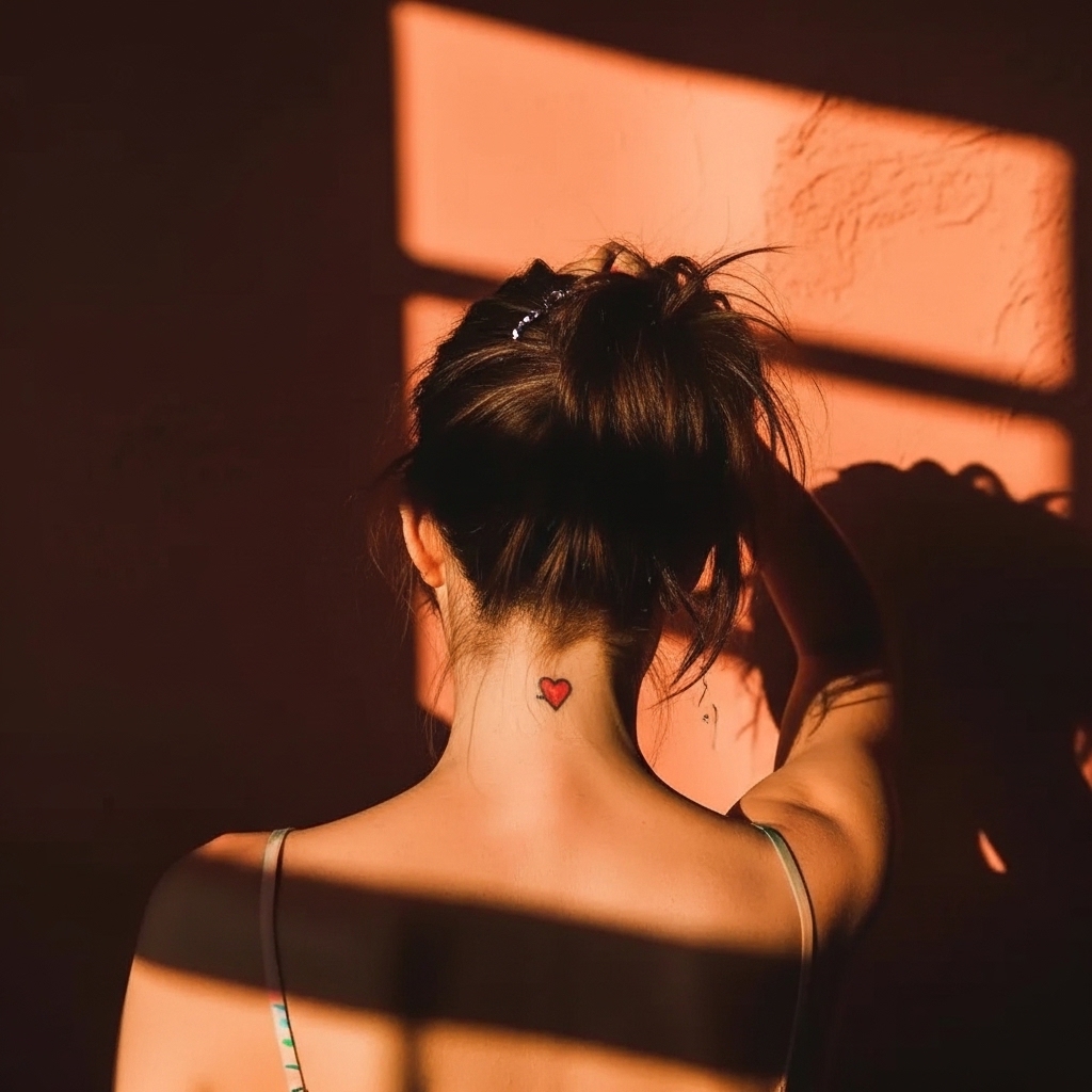 Close-up of a woman's neck and back illuminated by warm golden hour sunlight, featuring a small red heart tattoo on the nape of her neck with her hair pulled up.
