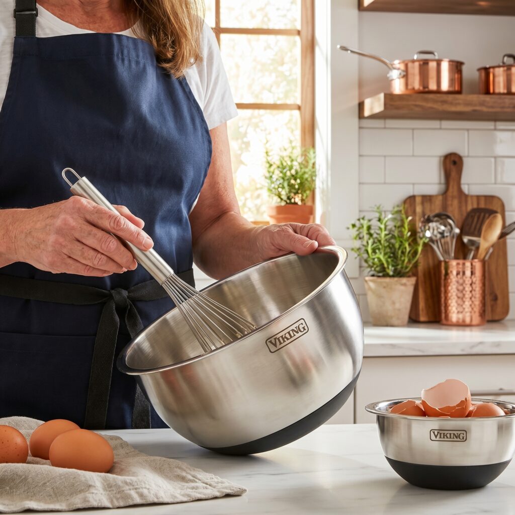 A well-organized kitchen counter featuring unexpectedly useful kitchen items like a garlic press, shears, and mixing bowls.