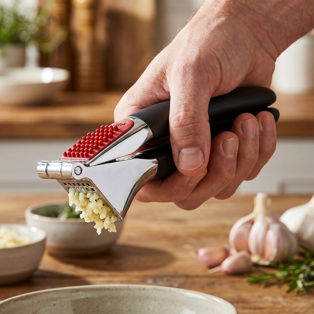Stainless steel garlic press crushing a fresh garlic clove directly into a hot skillet.