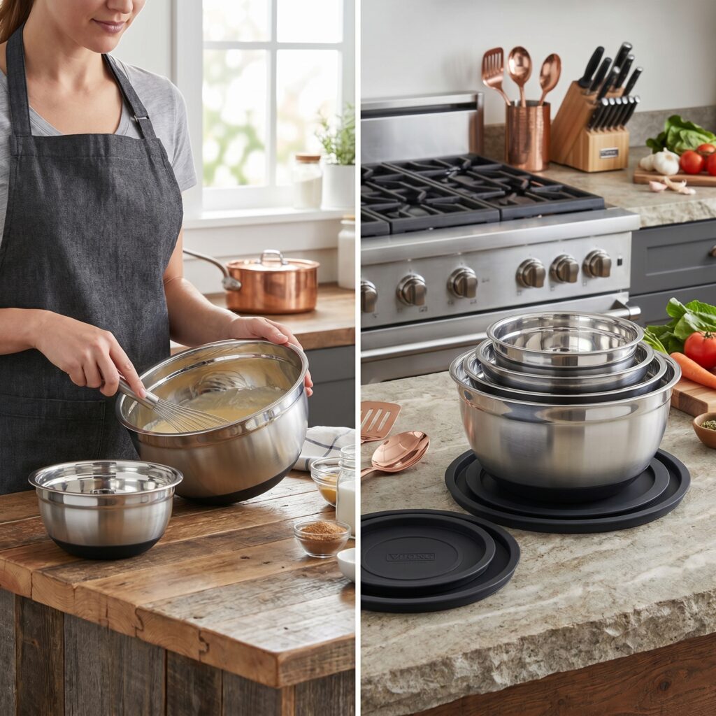 A set of nested stainless steel mixing bowls with airtight lids stacked on a kitchen counter.