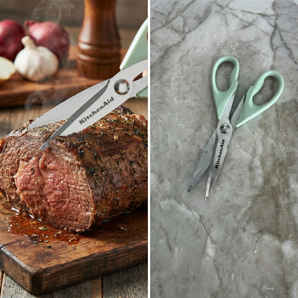 Sharp heavy-duty kitchen shears snipping fresh green herbs over a wooden cutting board.