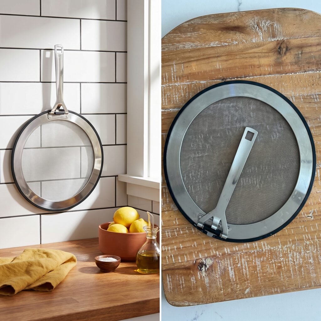 A metal mesh splatter guard resting on top of a frying pan to prevent cooking grease from spilling onto the stove.