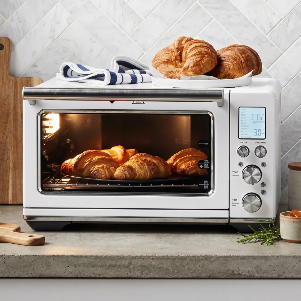 A stainless steel smart toaster oven sitting on a kitchen counter with roasted vegetables baking inside.