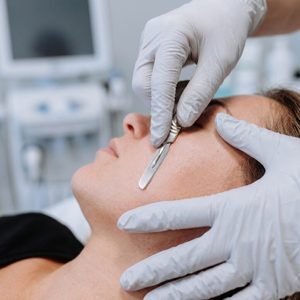 Close up of a woman safely dermaplaning her face for smoother makeup application
