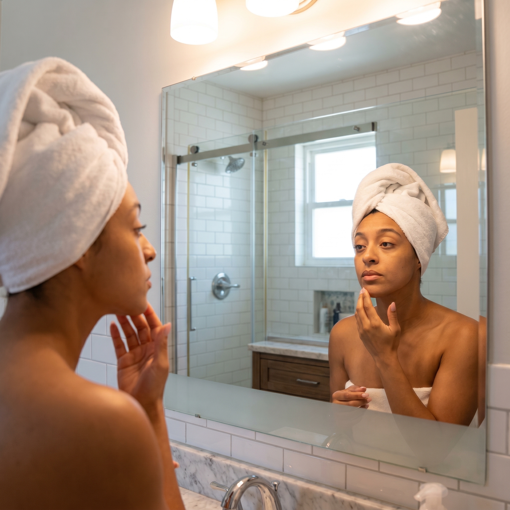 Confident woman smiling into a mirror after utilizing natural beauty hacks