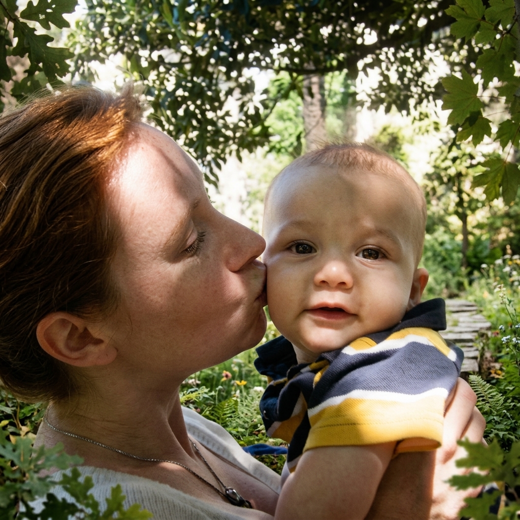 A mother smiling happily with her healthy infant son before the onset of a sudden mystery illness.